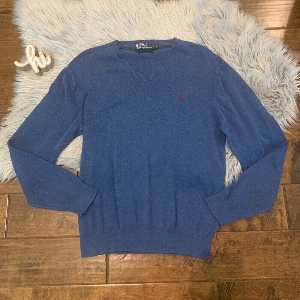 Polo Ralph Lauren Mens Sweater Blue V Neck Pullover Burgundy Pony Pima Cotton L